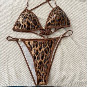 Leopard Sequin Triangle Bikini - Brown